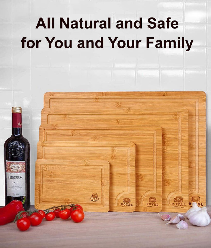 All natural and safe for foodies, the Royal Craft Wood Chopping Board Set of 5 Piece includes a meat tenderizer tool.