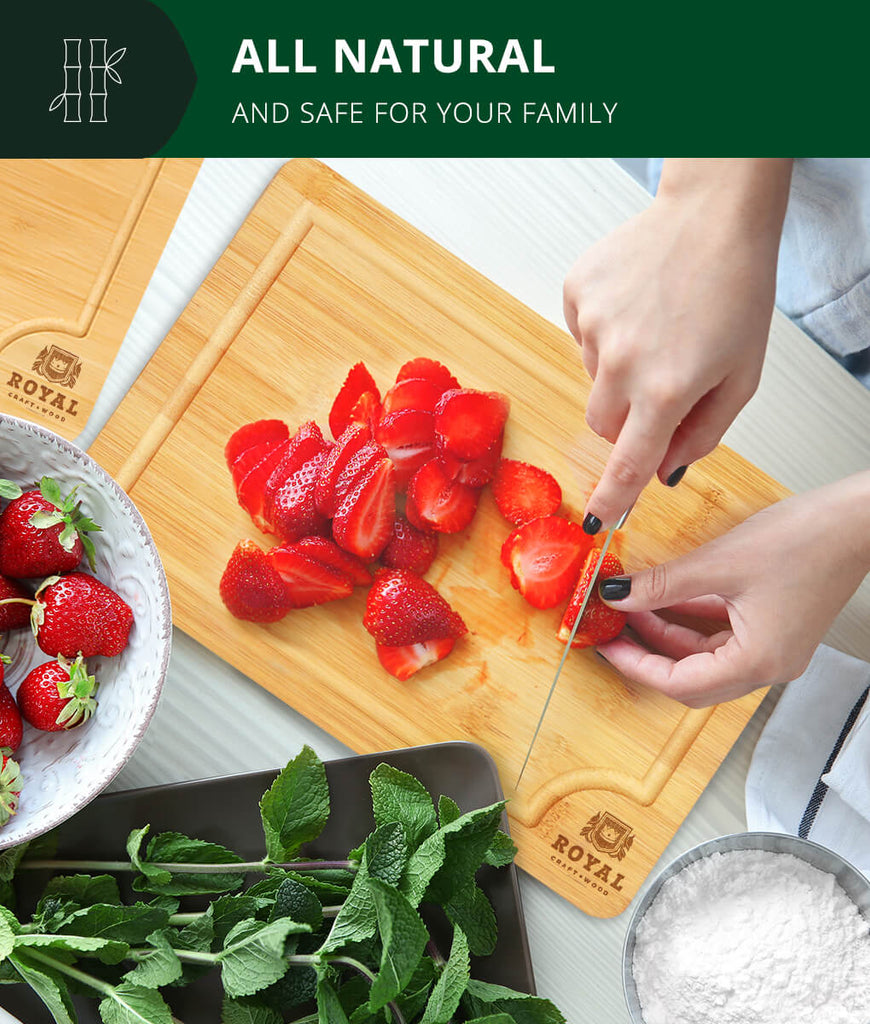 A Meat Lover cutting strawberries on a Small Cutting Board 12x8" by Royal Craft Wood purchased from XSpecial Marketplace.