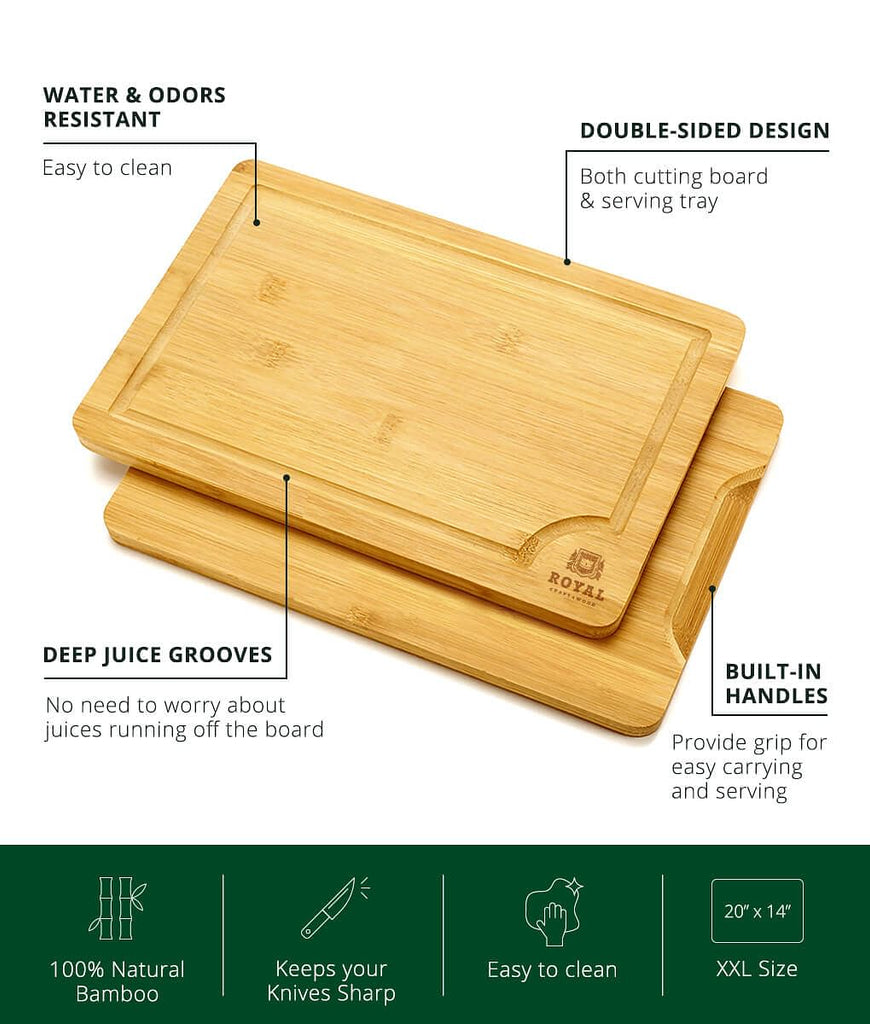 A XSpecial cutting board, perfect for Meat Lovers and Foodies, measuring 20x14" by Royal Craft Wood with user instructions.