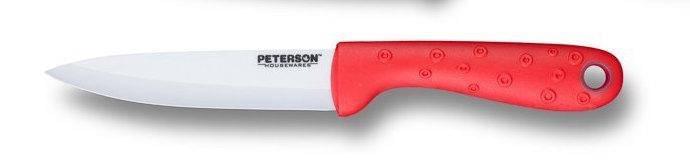 A red and white CERAMIC KNIFE, perfect for Foodies seeking an XSpecial meat tenderizer tool, by Peterson Housewares & Artwares on a white surface.