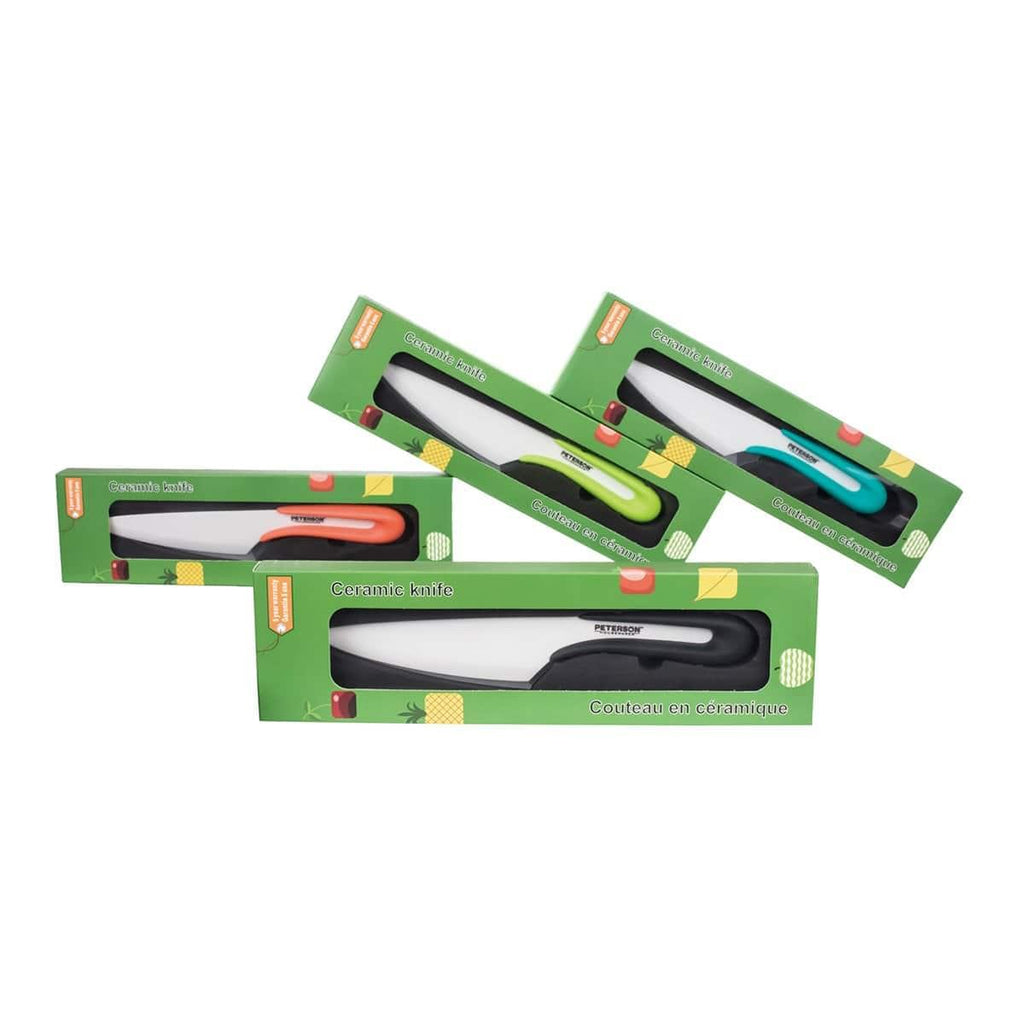 Four different colored Peterson Housewares & Artwares Ceramic knife - 5" U HANDLE CERAMIC KNIFE in a box, perfect for Foodies and Meat Lovers.