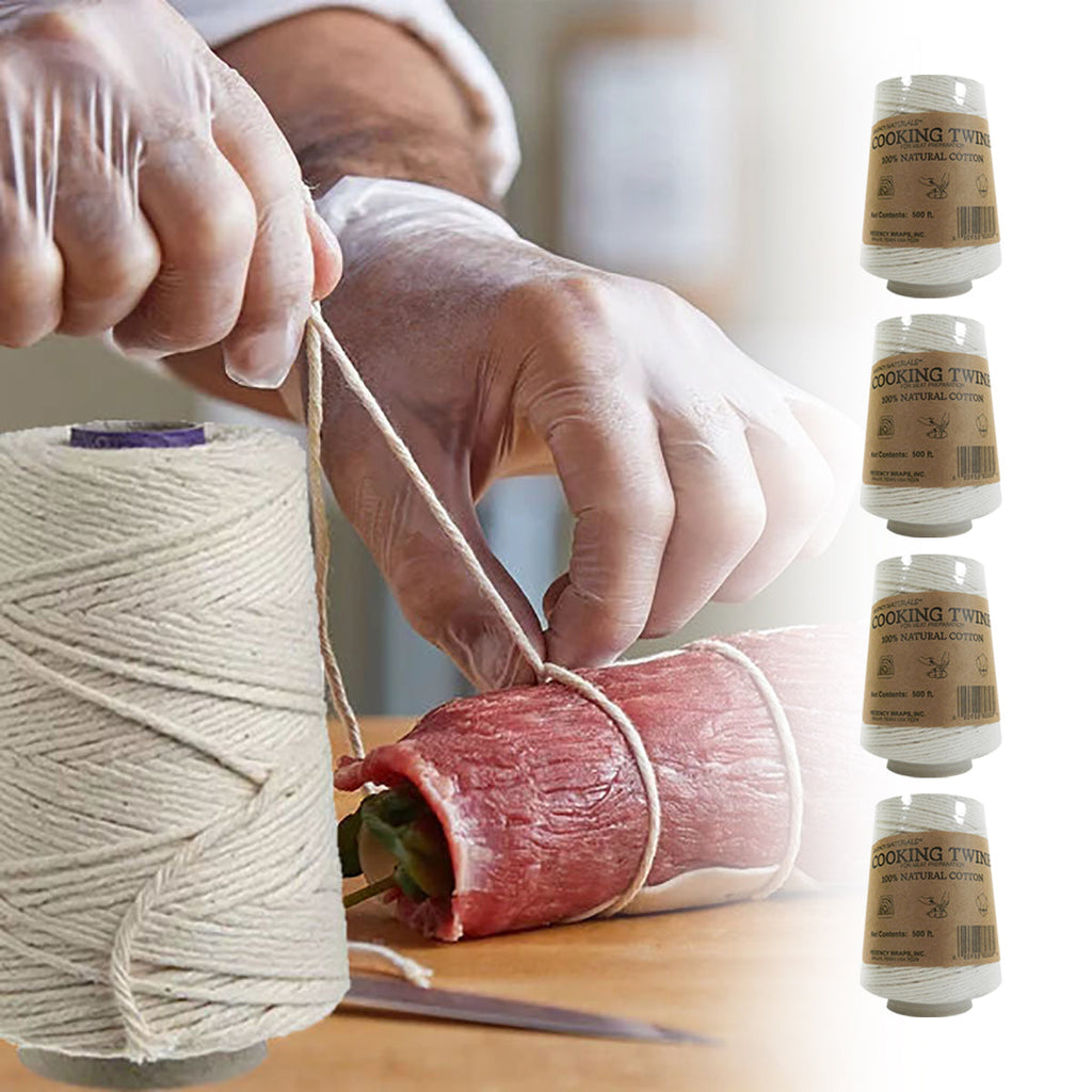 A man is slicing a piece of meat with a Regency Wraps Cotton Butchers Cooking Twine For Meat Trussing, Food Prep, Natural, 500 feet Cone from Grand Fusion Housewares