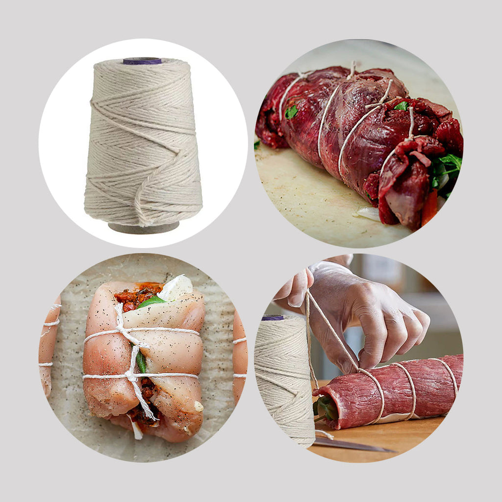 Four pictures of a person wrapping meat in a cone of XSpecial Cotton Butchers Cooking Twine For Meat Trussing, Food Prep, Natural.