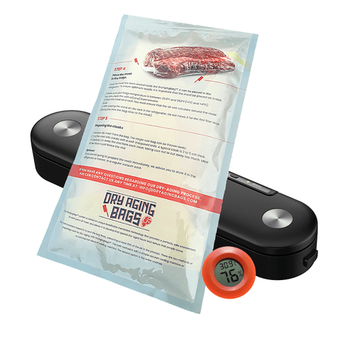 A DryAgingBags™ Starter Kit by DryAgingBags™ that includes a thermometer and a bag of meat, perfect for Meat Lovers in the XSpecial Marketplace.