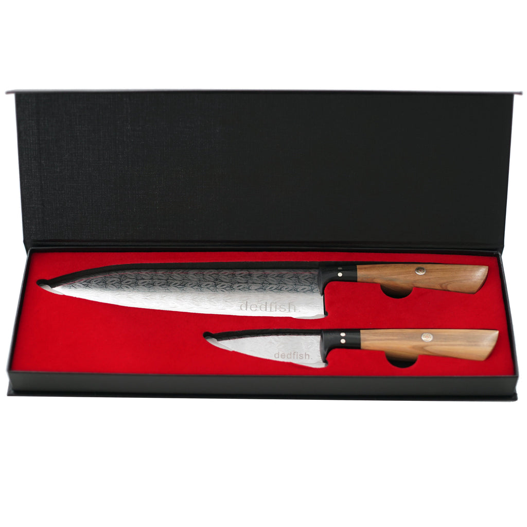 Two Dedfish Co. Kitchen Knives in a red Carnivore Club USA box, perfect for Meat Lovers and Foodies.