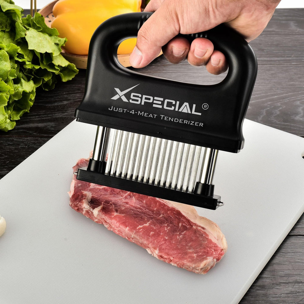 A Meat Lover using a Blade Meat Tenderizer Tool on a cutting board.