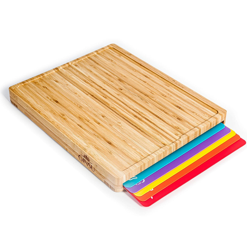 A Cooler Kitchen Ginsu Bamboo Wood Cutting Board Set with 6 Color-Coded Mats and Food Icons for Easy Meal Prep and Cleanup, perfect for Meat Lovers.