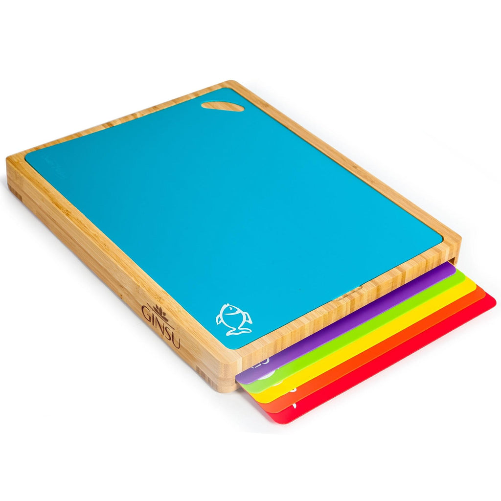 A Cooler Kitchen Ginsu Bamboo Wood Cutting Board Set with 6 Color-Coded Mats and Food Icons for Easy Meal Prep and Cleanup, perfect for foodies.