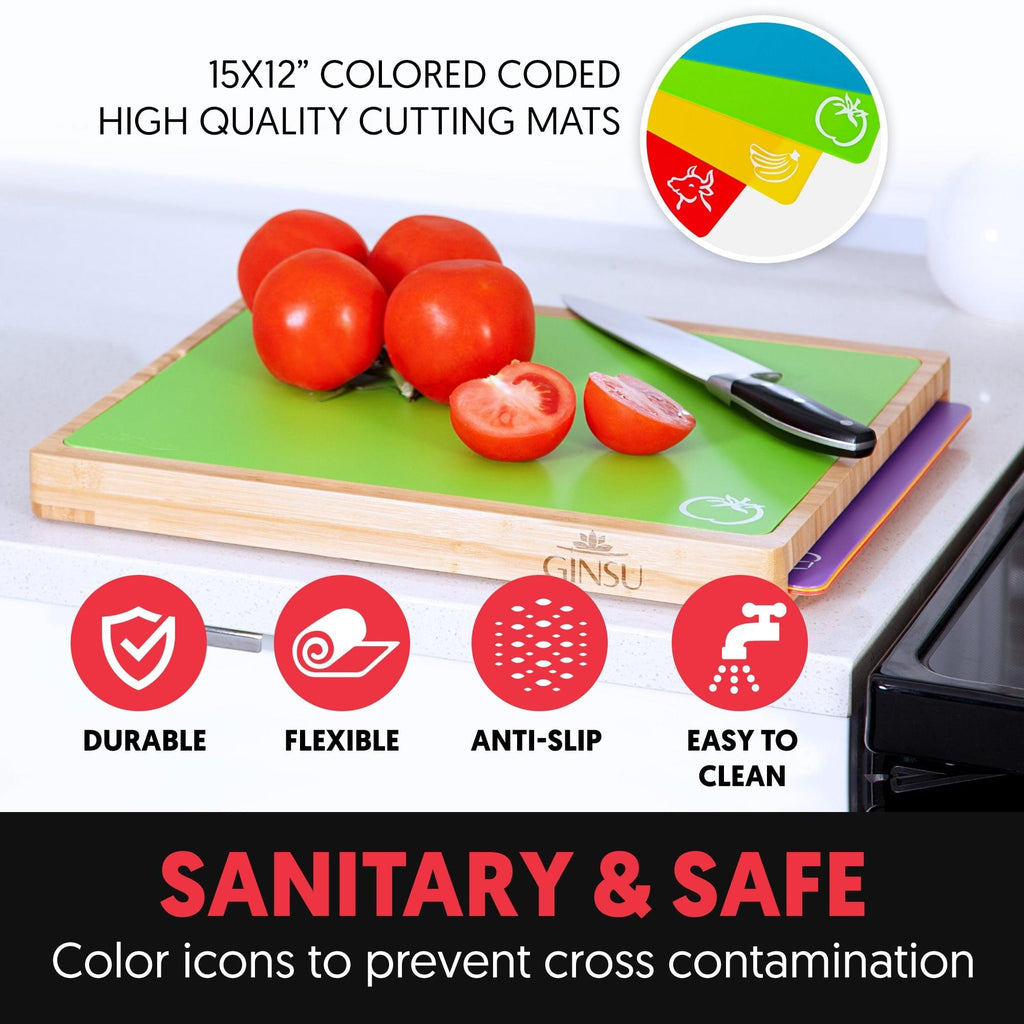 A Cooler Kitchen Ginsu Bamboo Wood Cutting Board Set with 6 Color-Coded Mats and Food Icons for Easy Meal Prep, perfect for Foodies and Meat Lovers.