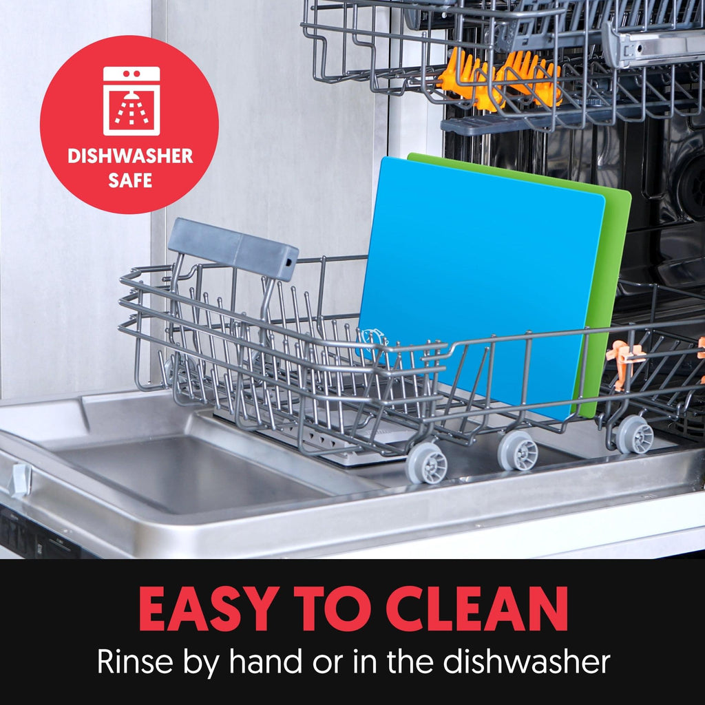 A Cooler Kitchen dishwasher with the words easy to clean Ginsu Bamboo Wood Cutting Board Set for easy meal prep and cleanup.