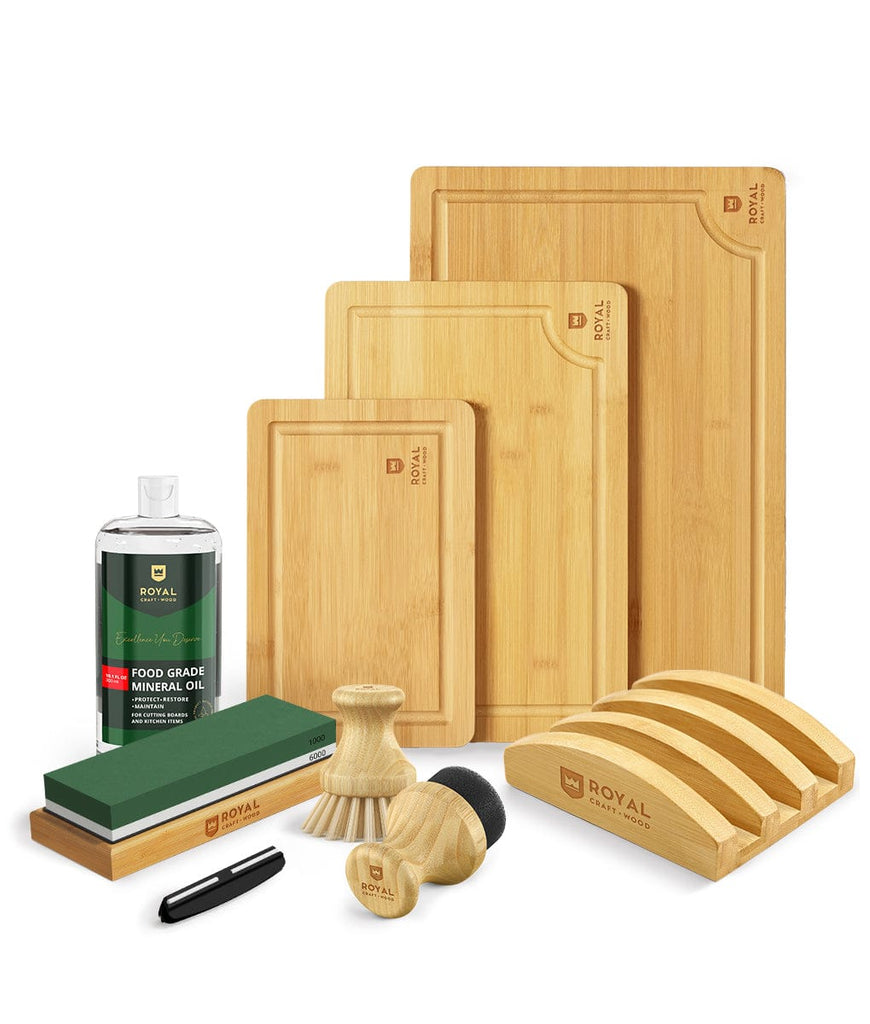 A set of XSpecial Kitchen Cooking & Care Bundle Set with 6 Cutting Boards by Royal Craft Wood and Blade Meat Tenderizer Tool for foodies.