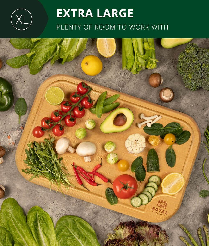 A Royal Craft Wood Durable Cutting Board 18x12" Rounded for Foodies.