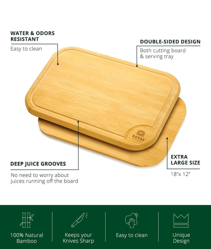 A "Durable Cutting Board 18x12" Rounded by Royal Craft Wood", featuring a Meat Tenderizer Tool.
