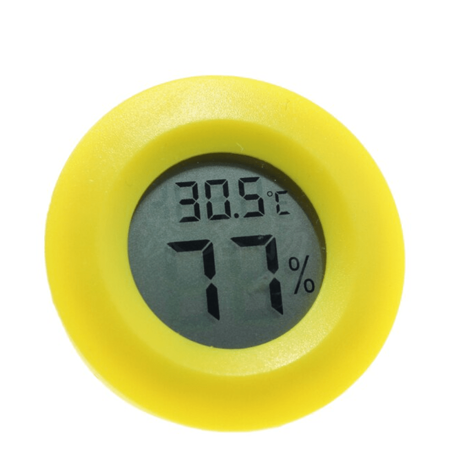 A yellow Digital Hygrometer by DryAgingBags™ on a white background, available at XSpecial Marketplace.