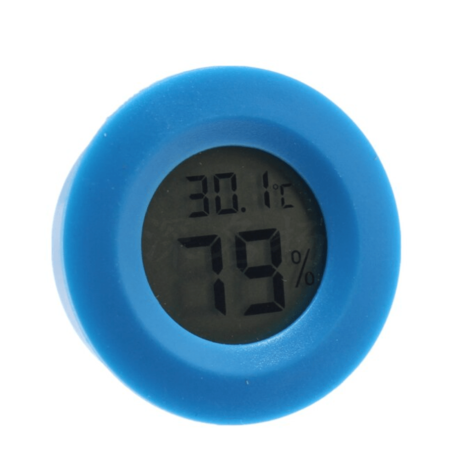A blue Digital Hygrometer by DryAgingBags™, perfect for Meat Lovers and Foodies, showcased on a white background.