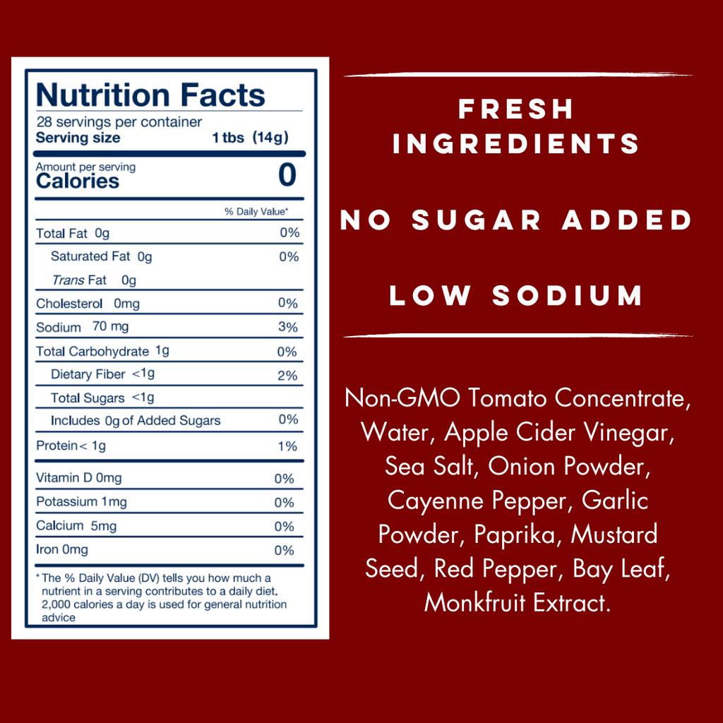 A XSpecial Meat Lovers' dream - a nutrition label with the words Spicy Ketchup (Keto and Paleo Certified) by Yo Mama's Foods.
