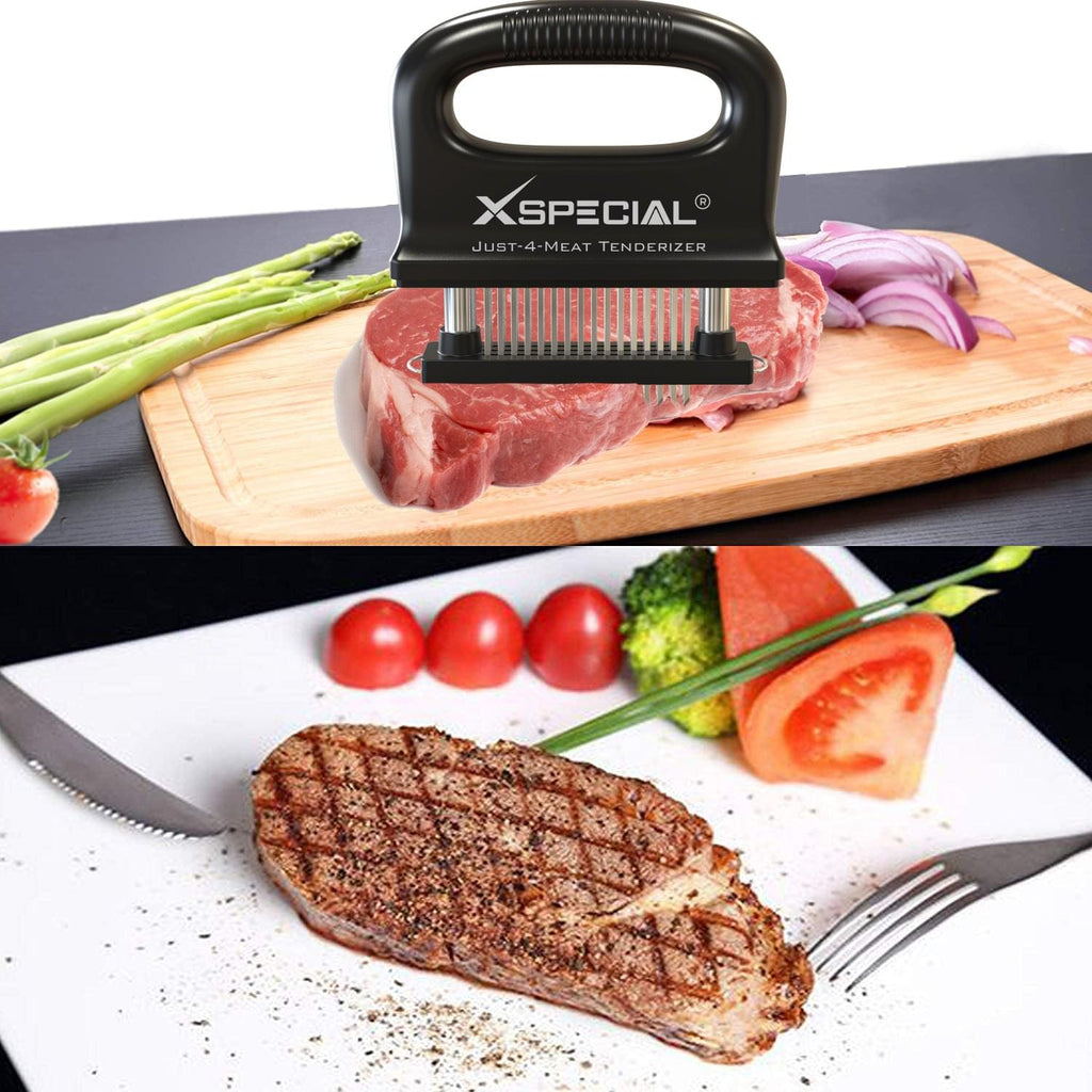 A steak and vegetables on a cutting board with an XSpecial Deluxe Meat Tenderizer Tool from the XSpecial Marketplace.