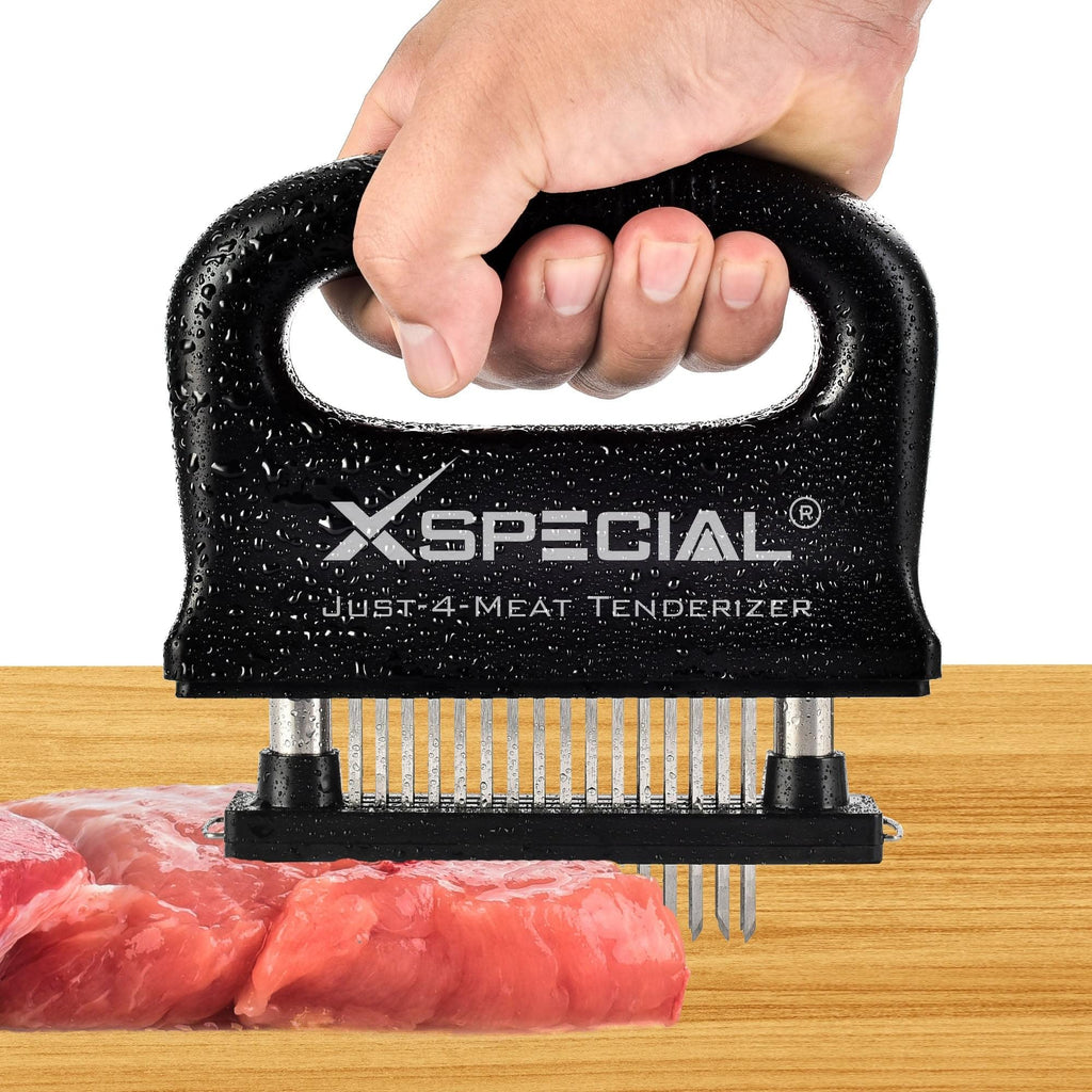 A hand wielding the XSpecial Meat Tenderizer Tool on a succulent piece of meat, tempting meat lovers.