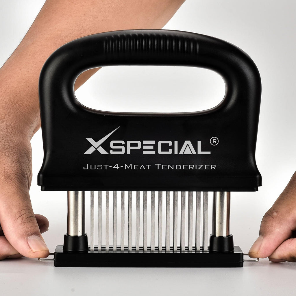 A Meat Lover is using the XSpecial Deluxe Meat Tenderizer Tool on a table.