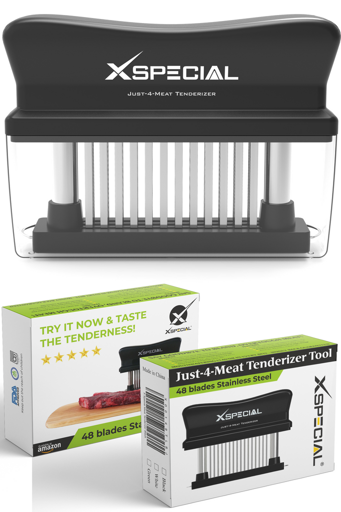 The XSpecial Meat Tenderizer Tool by XSpecial is next to a package.