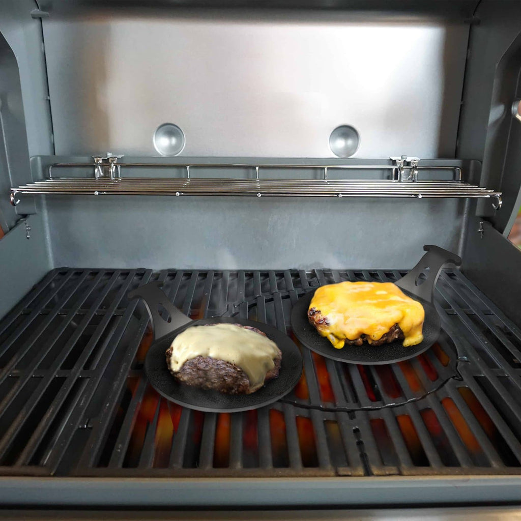 XSpecial Blade Meat Tenderizer Tool enhances the grilling experience for meat lovers with two Mini Plancha Griddles by Arteflame Outdoor Grills, perfecting burgers with cheese.