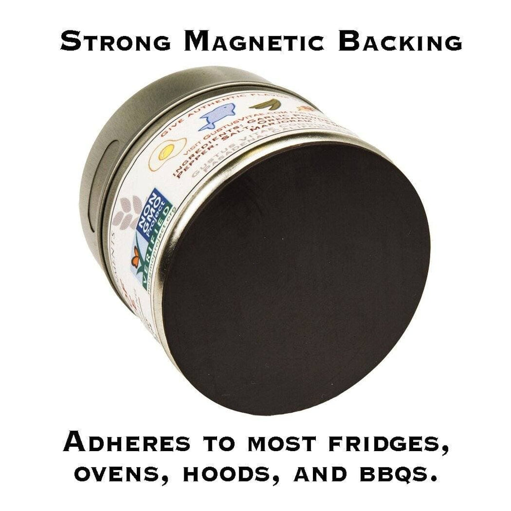 Strong magnetic backing adheres to most fridges, ovens, hoods, and BBQ for Gustus Vitae's BBQ Sea Salt.