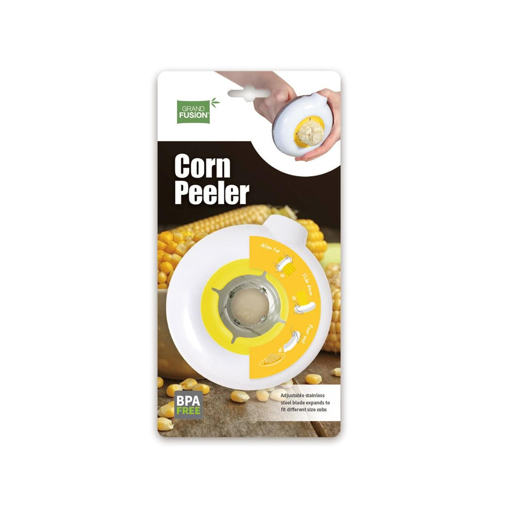 A package for foodies with a Grand Fusion Housewares, LLC corn peeler that cleanly strips corn cob - plastic container catches kernel in it.