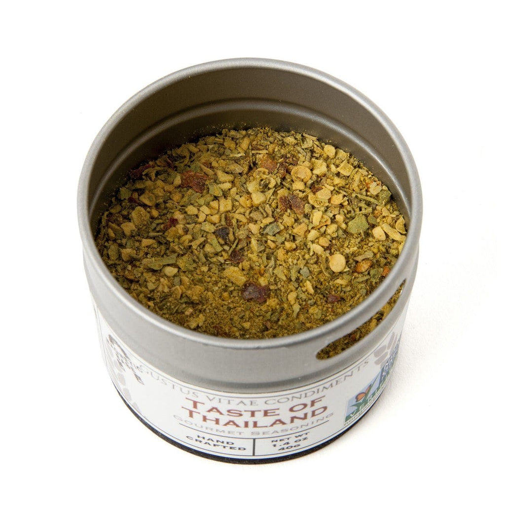A Cuisines of the World Gourmet Seasonings Collection - 6 Pack by Gustus Vitae with spices in it on a white background.