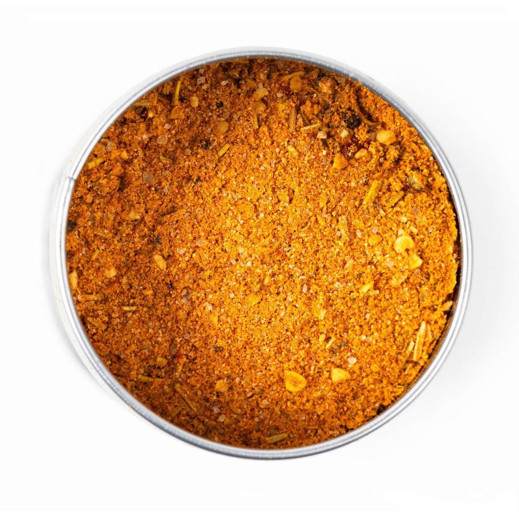 A tin of Fancy AF BBQ Rub by Gustus Vitae on a white background.