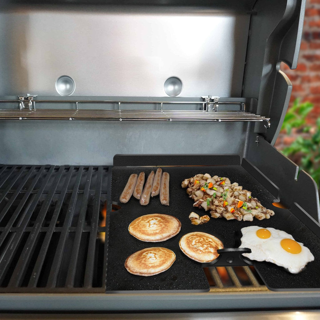 An Arteflame Outdoor Grills Griddle / Plancha Insert with food, eggs, and XSpecial Marketplace.