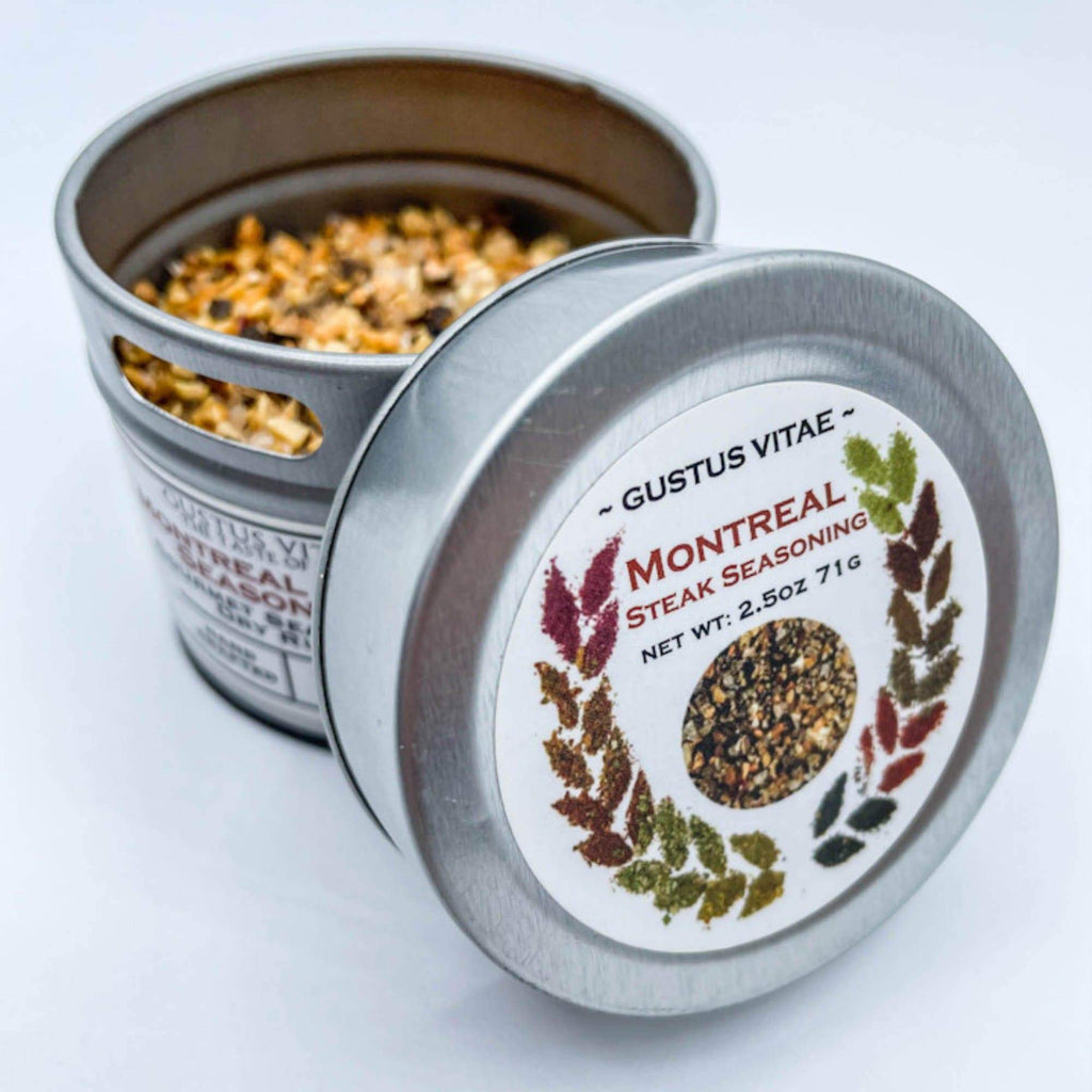 A tin of Montreal Steak Seasoning from Gustus Vitae in Canada.