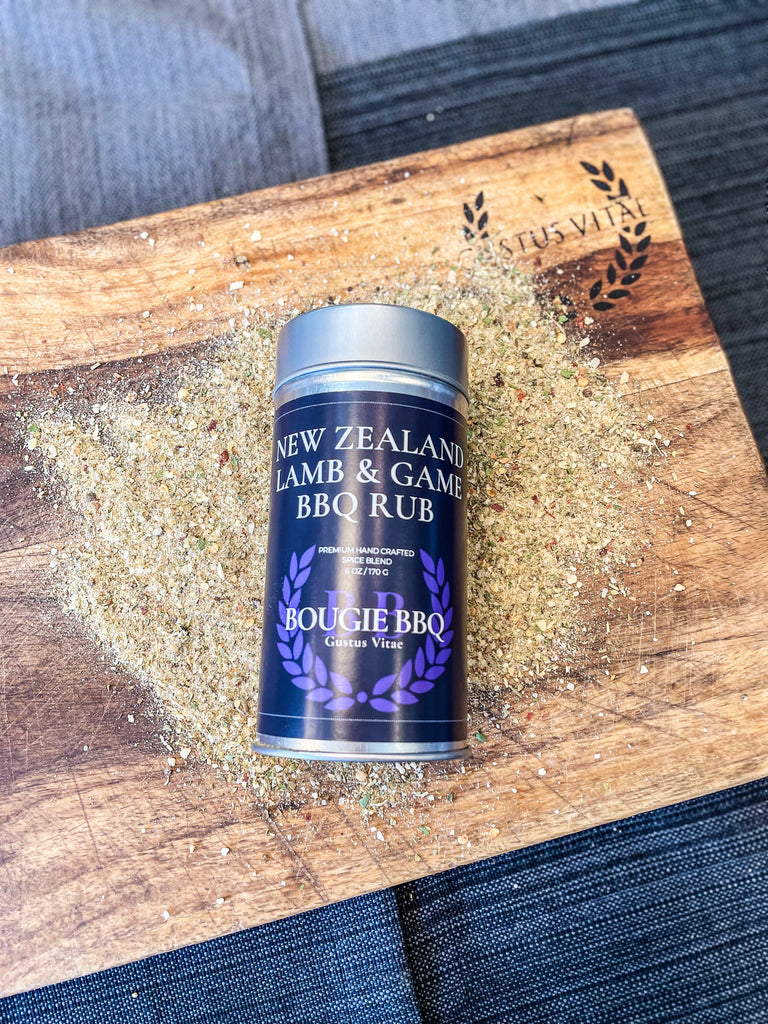 Gustus Vitae's New Zealand Lamb & Game BBQ Rub on a cutting board.