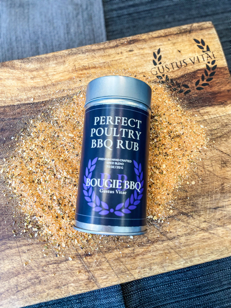 Perfect all natural Perfect Poultry BBQ Rub by Gustus Vitae on a cutting board.