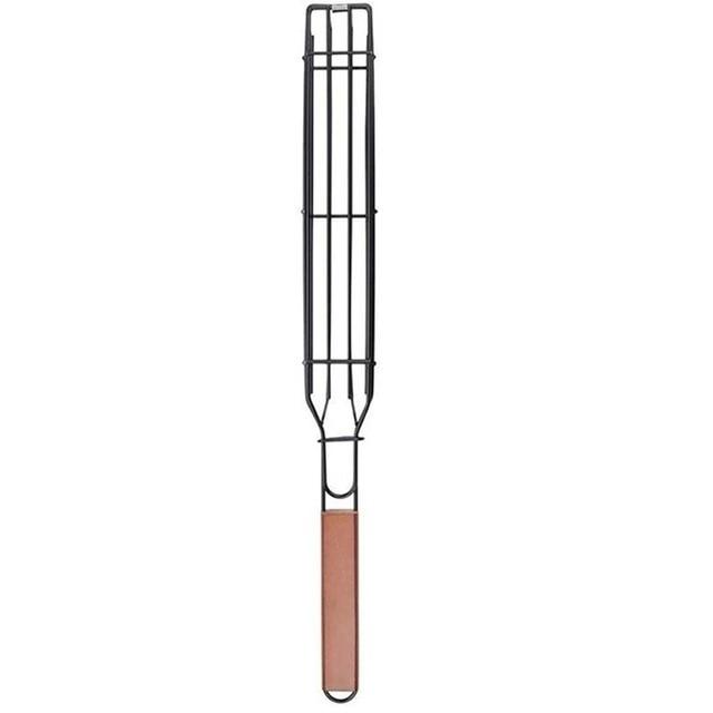 A Portable BBQ Grilling Basket with a wooden handle on a white background from XSpecial Marketplace.