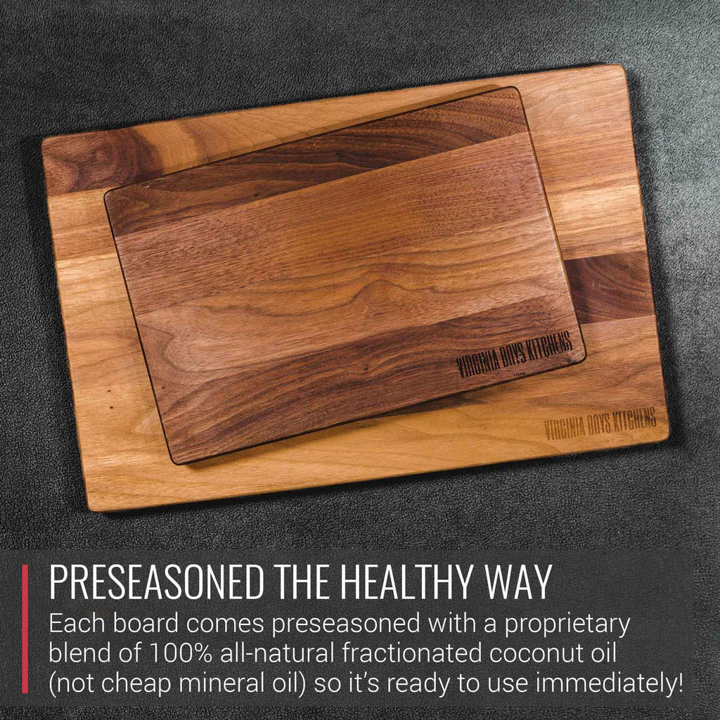 A Medium Walnut Wood Cutting Board engraved with the words preserved the healthy way by Virginia Boys Kitchens, perfect for Meat Lovers.