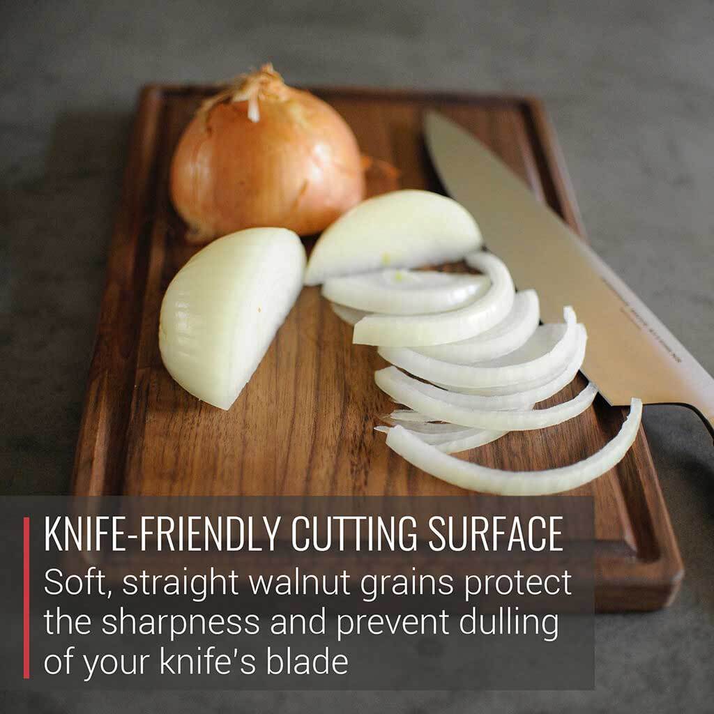 Virginia Boys Kitchens' Small Walnut Wood Cutting Board is a knife friendly cutting surface perfect for Meat Lovers.