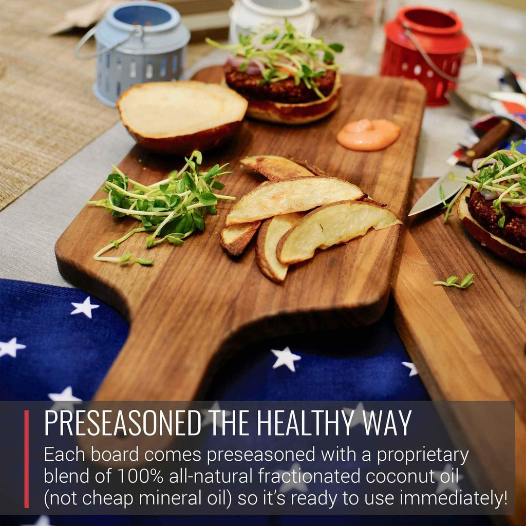 A Virginia Boys Kitchens Walnut Cutting Board and Charcuterie Paddle with Handle showcasing food for Foodies and Meat Lovers, preserved the healthy way.